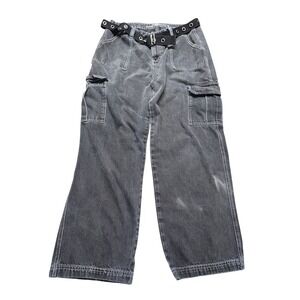 HT Denim Hi-Rise Carpenter Jeans Grey Washed Wide Leg Grommet Belt Size 15